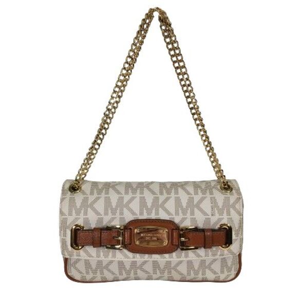 Michael Kors Hamilton Flap Vanilla Monogram Tan Leather Gold Chain Shoulder Bag - Picture 14 of 16